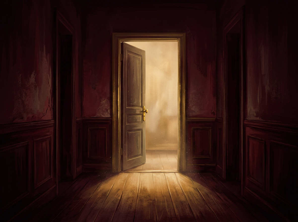 Ilustração editorial de uma porta aberta ao fim de um corredor, com luz dourada e calma atravessando o limiar, representando o convite