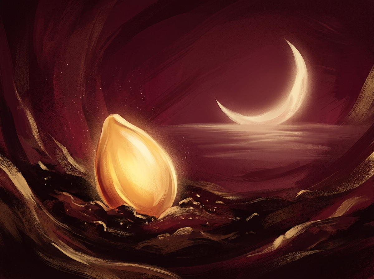 Ilustração editorial de uma semente de luz dourada sendo plantada no limiar do sono